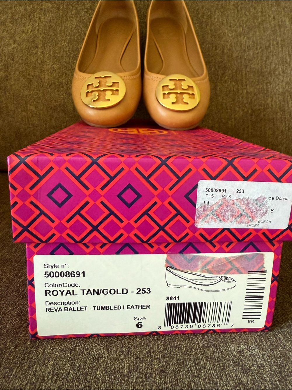 Tory Burch Royal Tan Gold Reva Ballet Flats
